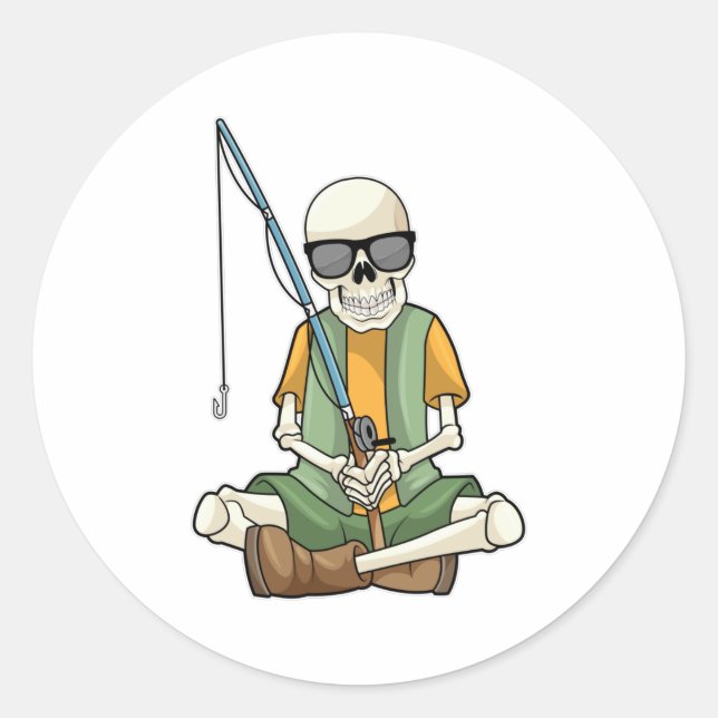 Sticker Rond Squelette à la pêche avec canne à pêche (Devant)