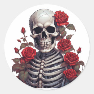 Sticker Rond Squelette Avec Roses Rouges