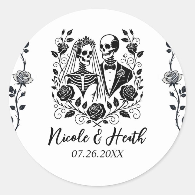 Sticker Rond Squelette blanc noir Rose Floral Mariage de la vig (Devant)