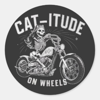 Sticker Rond Squelette Chat Monter Une Moto - Chat itude