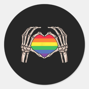 Sticker Rond Squelette Coeur main Signal Retro Halloween Lgbt P