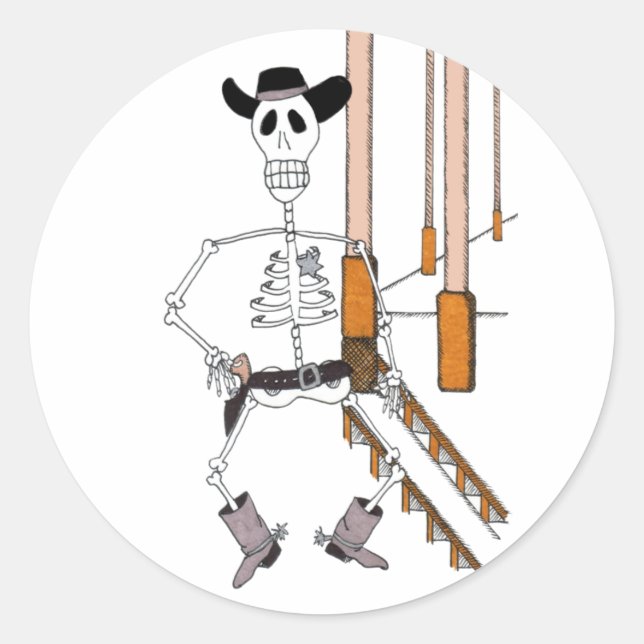 Sticker Rond Squelette de cowboy en Casquette Cowboy et Bottes  (Devant)