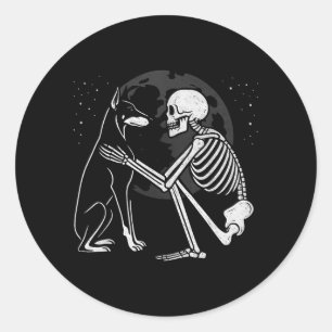 Sticker Rond Squelette de Doberman Pinscher Lune Halloween Chie
