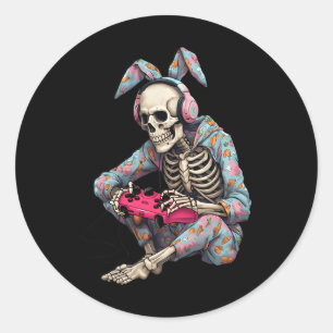 Sticker Rond Squelette de gamer joyeuses Pâques jeu vidéo garço