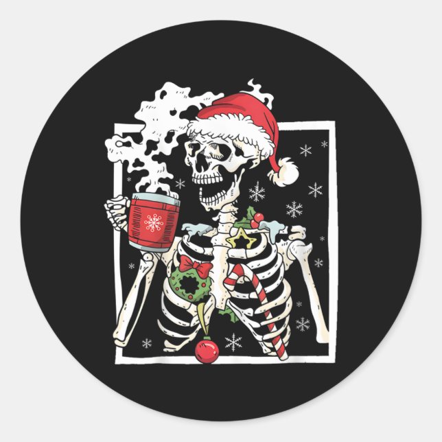 Sticker Rond Squelette De Noël Avec Crâne Souriant Boire Cof (Devant)