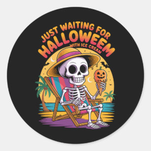 Sticker Rond Squelette De Plage Avec Crème De Glace Halloween C