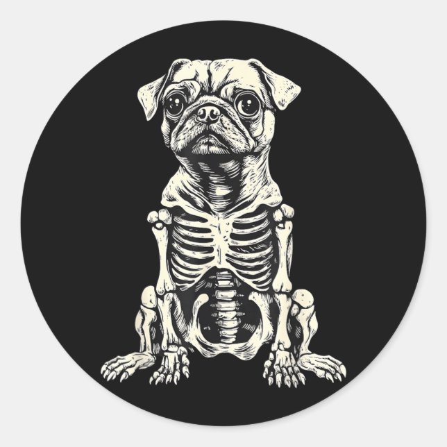 Sticker Rond Squelette de Pug de chien Halloween (Devant)