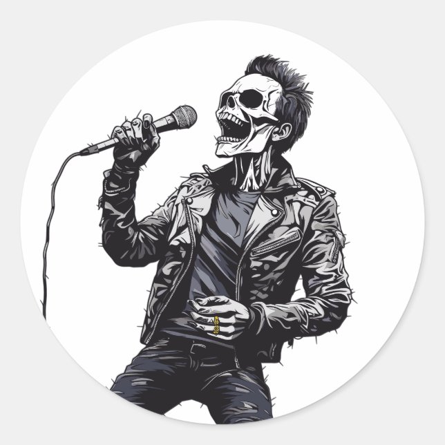 Sticker Rond Squelette de rock et de roll (Devant)