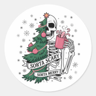 Sticker Rond Squelette drôle de Noël un peu joyeux un peu effra