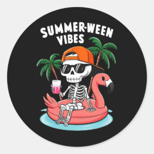 Sticker Rond Squelette Flamant rose Summerween Vibes Halloween 