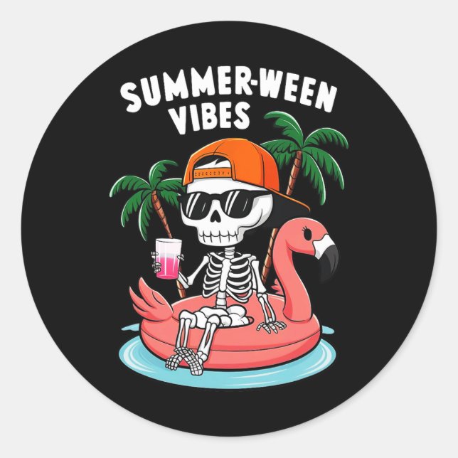 Sticker Rond Squelette Flamant rose Summerween Vibes Halloween  (Devant)