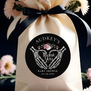 Sticker Rond Squelette gothique Mains Baby shower coeur Merci
