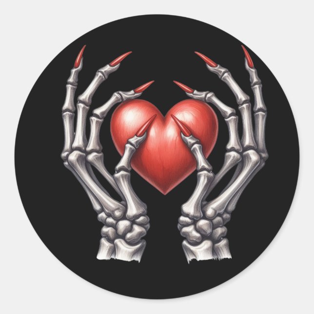 Sticker Rond Squelette mains tenant le coeur rouge (Devant)