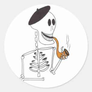Sticker Rond Squelette mignonne dans un Casquette béret françai