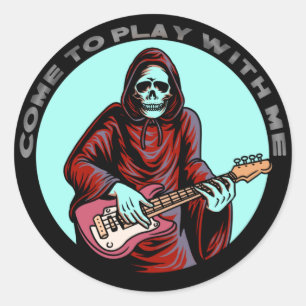 Sticker Rond Squelette musicien bassiste onglet de guitare