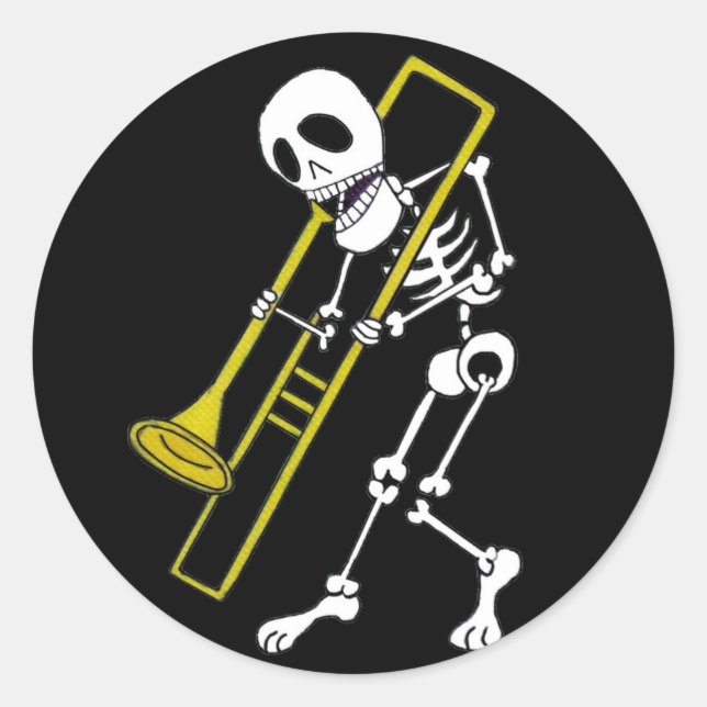 Sticker Rond Squelette musicien Trombone Player (Devant)