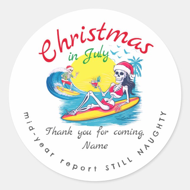 Sticker Rond Squelette Noël en Juillet Surf de plage Naughty (Devant)