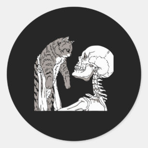 Sticker Rond Squelette tenant un chat Lazy Costume d'Halloween