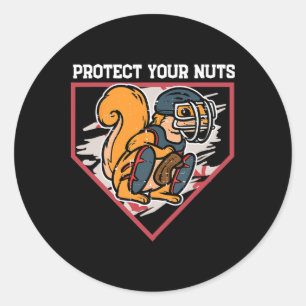 Sticker Rond Squirrel Baseball Catcher Protégez vos nuts Garçon