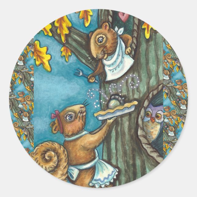 STICKER ROND SQUIRRELS & OWL THANKSGIVING, MAISON ACORN PIE (Devant)