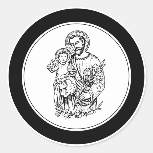 Sticker Rond St Joseph Priez pour nous Noir, Blanc, Catholique (Devant)