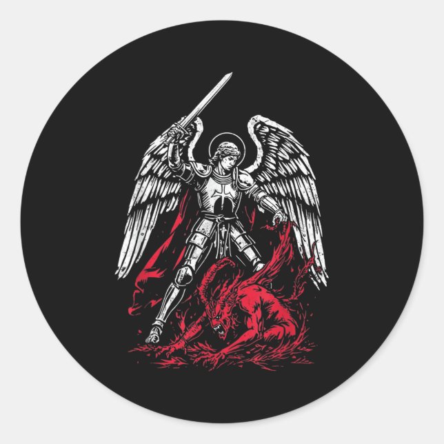Sticker Rond St Michael The Archangel Defeats Satan Catholic  (Devant)