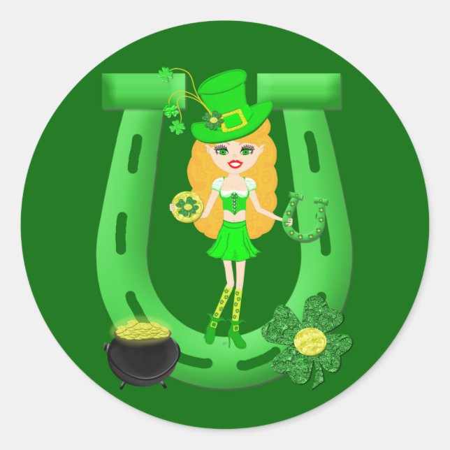 Sticker Rond St Patrick’s Day Blonde Girl Leprechaun (Devant)