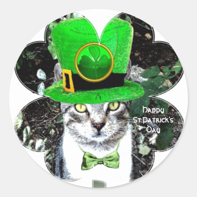 STICKER ROND ST PATRICK'S DAY CHAT AVEC LEPRECHAUN CASQUETTE CL (Devant)