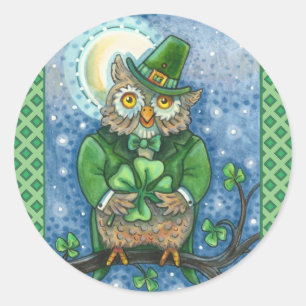 STICKER ROND ST. PATRICK'S DAY OWL, 4 HORLOGE LEPRECHAUN