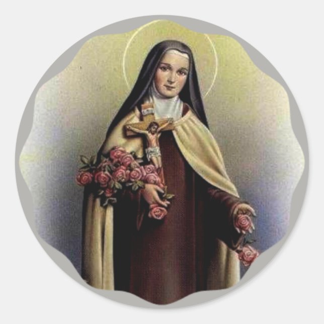 Sticker Rond St Therese de Lisieux avec le crucifix/roses (Devant)