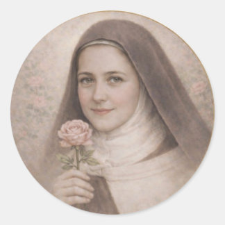 Sticker Rond St. Therese of Lisieux holding pink rose