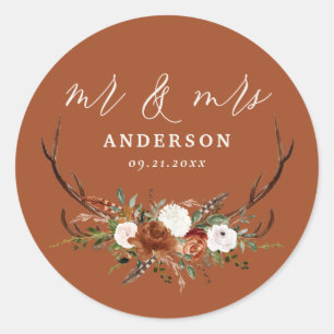 Sticker Rond Stag rustique mariage botanique noir terre cuite