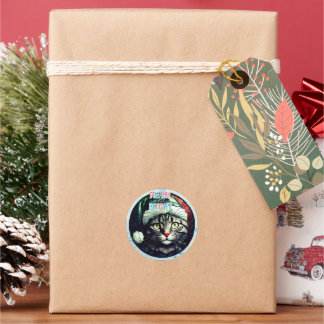 Sticker Rond Stained-Glass Christmas Grey Tabby In Green Hat