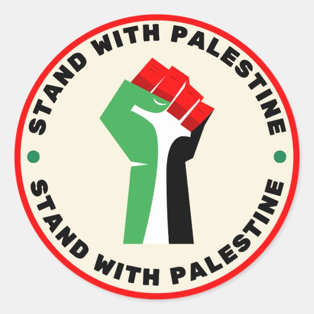 Sticker Rond Stand avec la Palestine - Poing - Couleurs du drap (Devant)