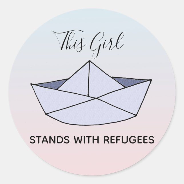Sticker Rond Stand With Refugees Ombre Doodle Paper Boat & Name (Devant)