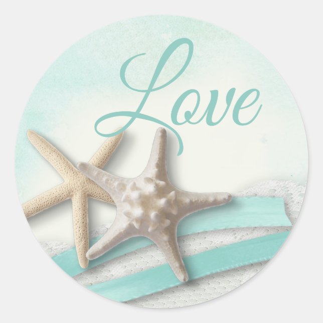 Sticker Rond Starfish and Ribbon Turquoise Love (Devant)
