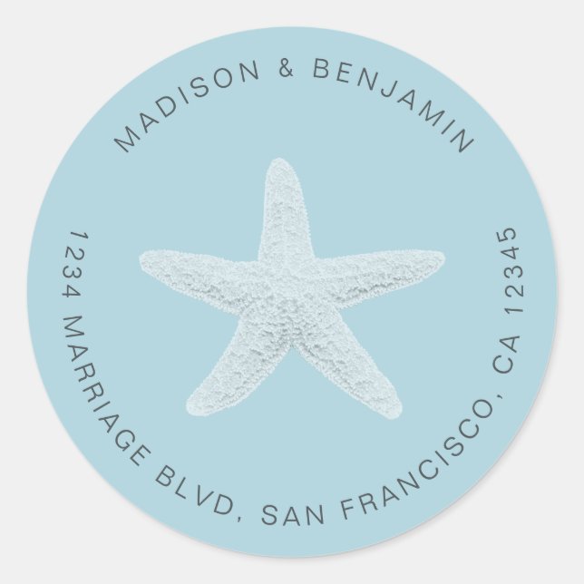 Sticker Rond Starfish Beach Mariage Retour Adresse Bleu (Devant)
