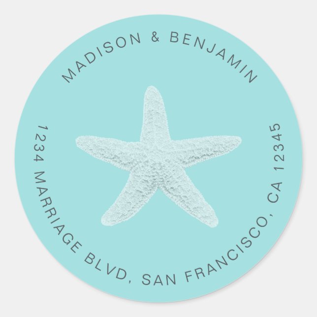 Sticker Rond Starfish Beach Mariage Retour Adresse Bleu (Devant)
