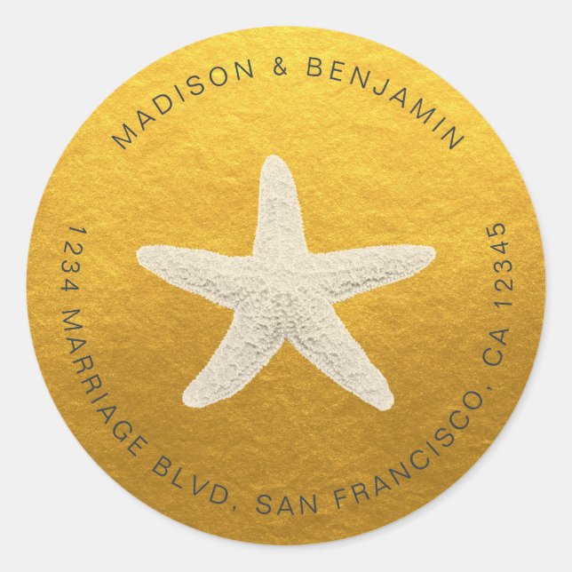 Sticker Rond Starfish Beach Mariage Retour Adresse Classic Gold (Devant)