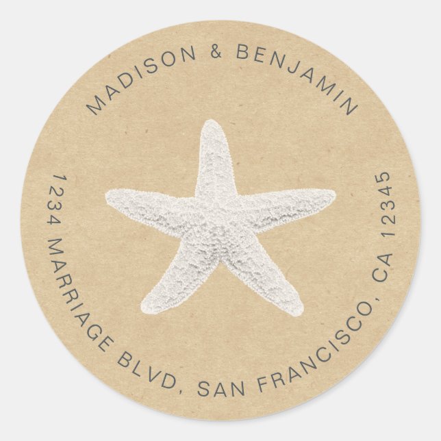 Sticker Rond Starfish Beach Mariage Retour Adresse Kraft (Devant)