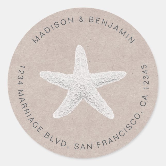 Sticker Rond Starfish Beach Mariage Retour Adresse Kraft (Devant)