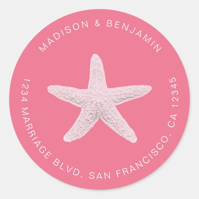 Sticker Rond Starfish Beach Mariage Retour Adresse Rose (Devant)
