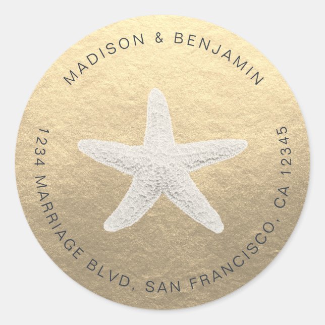 Sticker Rond Starfish Beach Wedding Adresse de retour Gold (Devant)