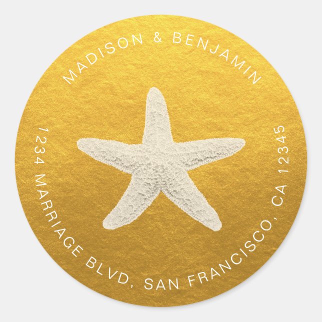 Sticker Rond Starfish Beach Wedding Adresse de retour Gold (Devant)