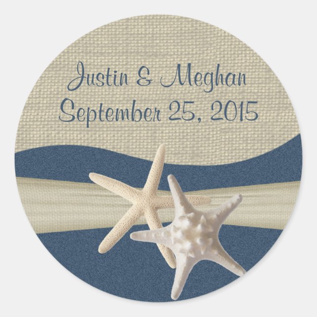 Sticker Rond Starfish & Burlap Navy Blue Beach (Devant)