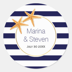 Sticker Rond Starfish et rayures marine bleu plage mariage
