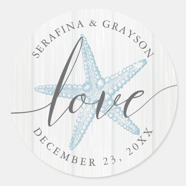 Sticker Rond Starfish Love Rustic Wood Blue Beach Wedding Favor (Devant)