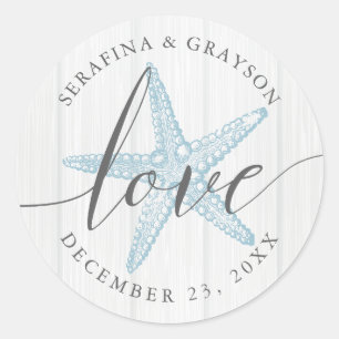 Sticker Rond Starfish Love Rustic Wood Blue Beach Wedding Favor