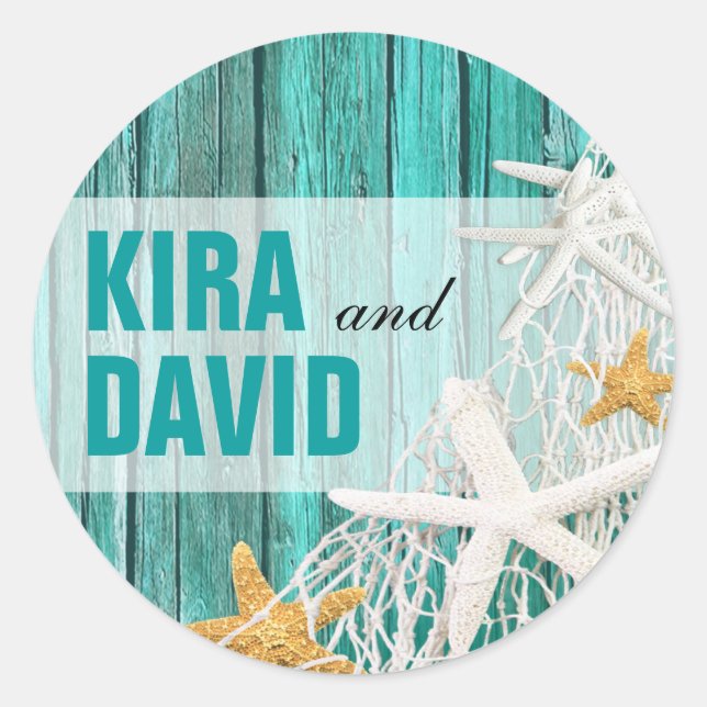 Sticker Rond Starfish Netting Beach Wood Favoriser | aqua (Devant)