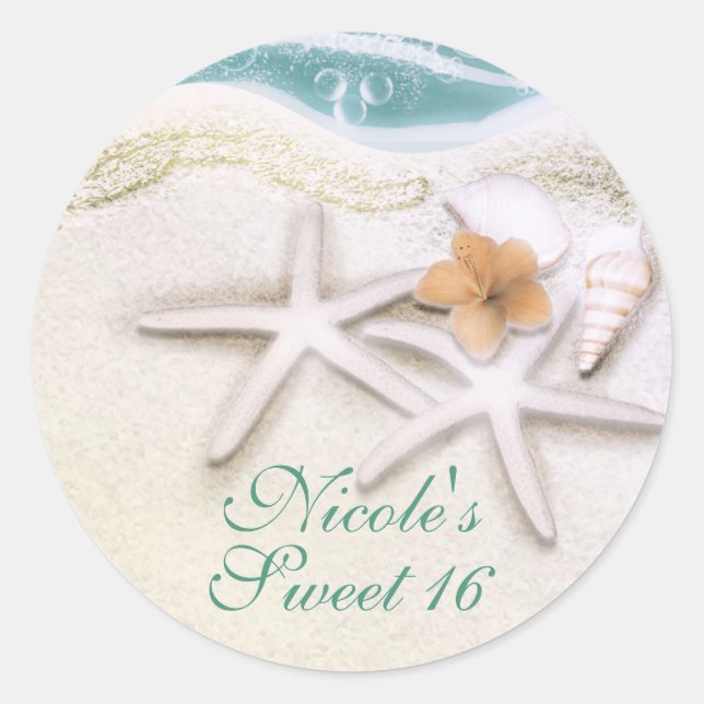 Sticker Rond Starfish on the Beach Teal Sea Water Party Favour (Devant)